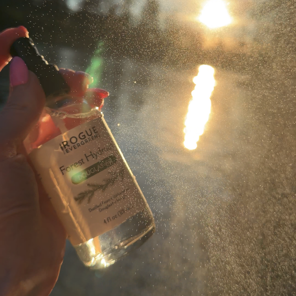 Hand holding a bottle of hydrosol with a sunset or sunrise in the background
